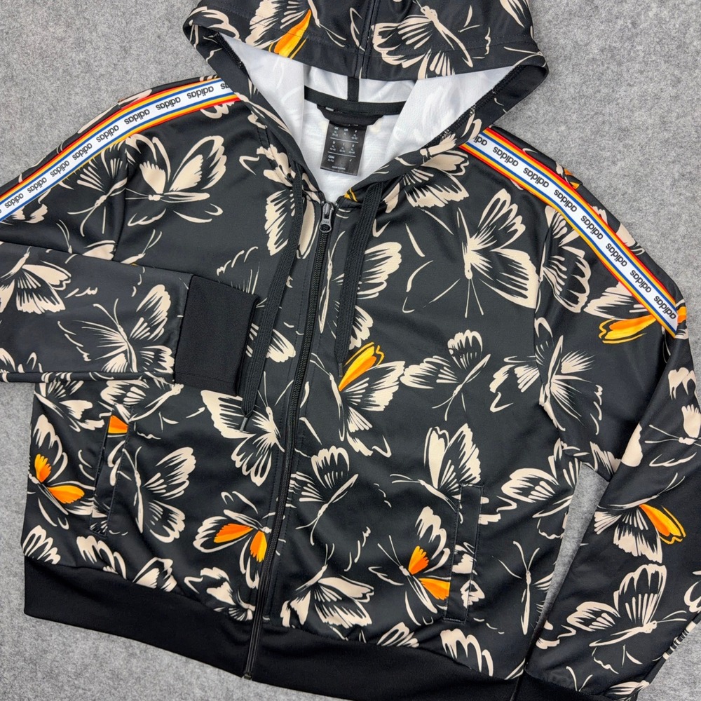 Adidas x Farm Rio Butterfly Track Jacket Womens XL Black Full Zip Hooded Orange